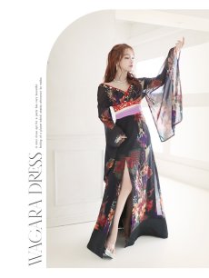 画像2: 和柄 花魁 百合 着物ドレス シフォン 流遊(M/L/XL)(ブラック) (2)