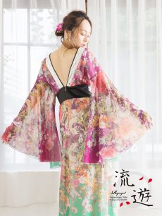 画像3: 着物ドレス ロング キャバクラドレス イベント 花魁 流遊(S/M/L/XL)(グリーン) (3)