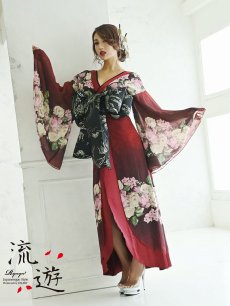 画像3: 盛り帯 遊女 花魁ドレス 着物ドレス ダンス衣装 流遊(S/M/L/XL)(ワイン) (3)