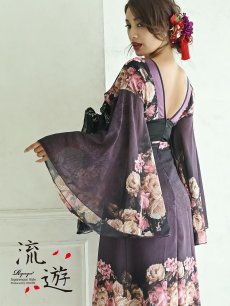 画像5: 花魁 着物ドレス 和柄ドレス 花柄 キャバ 流遊(S/M/L/XL/XXL)(パープル) (5)