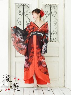 画像2: 和柄 彼岸花 花魁 着物ドレス 中ミニ 流遊(S/M/L/XL)(レッド) (2)