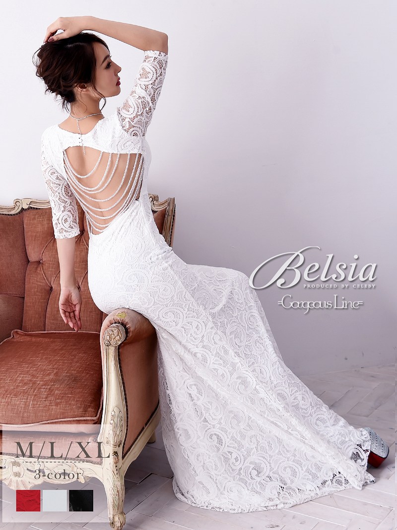 【Belsia】大きいサイズ完備!!背中見せ総レースロングドレス 五分袖タイトキャバクラドレス【ベルシア】(M/L/XL)(ブラック/ホワイト/レッド) - BELSIA